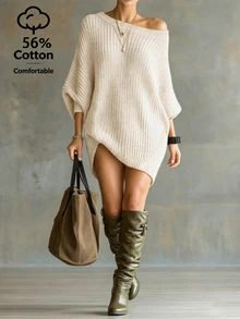 SHEIN New Spring Fall Coquette Diagonal Off Shoulder Chunky Knit Mini Dress Women Drop Shoulder Oversized - Apricot - View 5