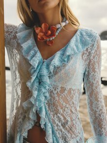 Aralina Women's Elegant Fairy Chic Sheer Lace Fabric V Neck Long Sleeve Ruffle Frill Button Up Front Vacation Going Out Spring Birthday Party Dress - Baby Blue - View 4