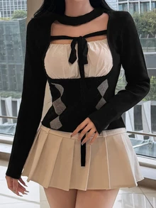 FRIFUL Women's 2 In 1 Patchwork Casual Daily Wear Sweater - Black - View 2