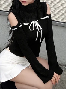 FRIFUL Women's Cold Shoulder Casual Versatile Daily Long Sleeve Sweater - Black - View 2