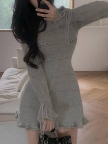 DAZY Solid Color Fitted Waist Hollow Out Frill Trim Drawstring Tie Elegant Vacation Korean Style Spring Autumn Short Sweater Dress For Women - Grey - View 7