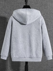SHEIN 青少年男孩極簡街頭風字母印花拉鍊連帽冬款運動衫，休閒舒適柔軟面料 - 灰色 - 查看 2