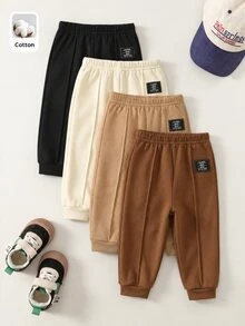 SHEIN 4件組嬰兒男孩女孩可愛秋冬休閒百搭純色鬆緊腰長褲，男孩慢跑褲，百搭長褲多件組 - 杏色 - 查看 1
