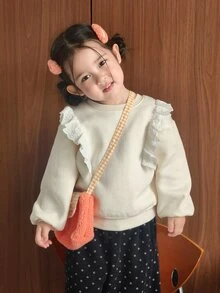 Dazy Kids بلوزة رياضية للبنات الرضع بياقة دائرية وحافة مكشكشة وأكمام طويلة للخريف/الشتاء - بيج - مشاهدة 1