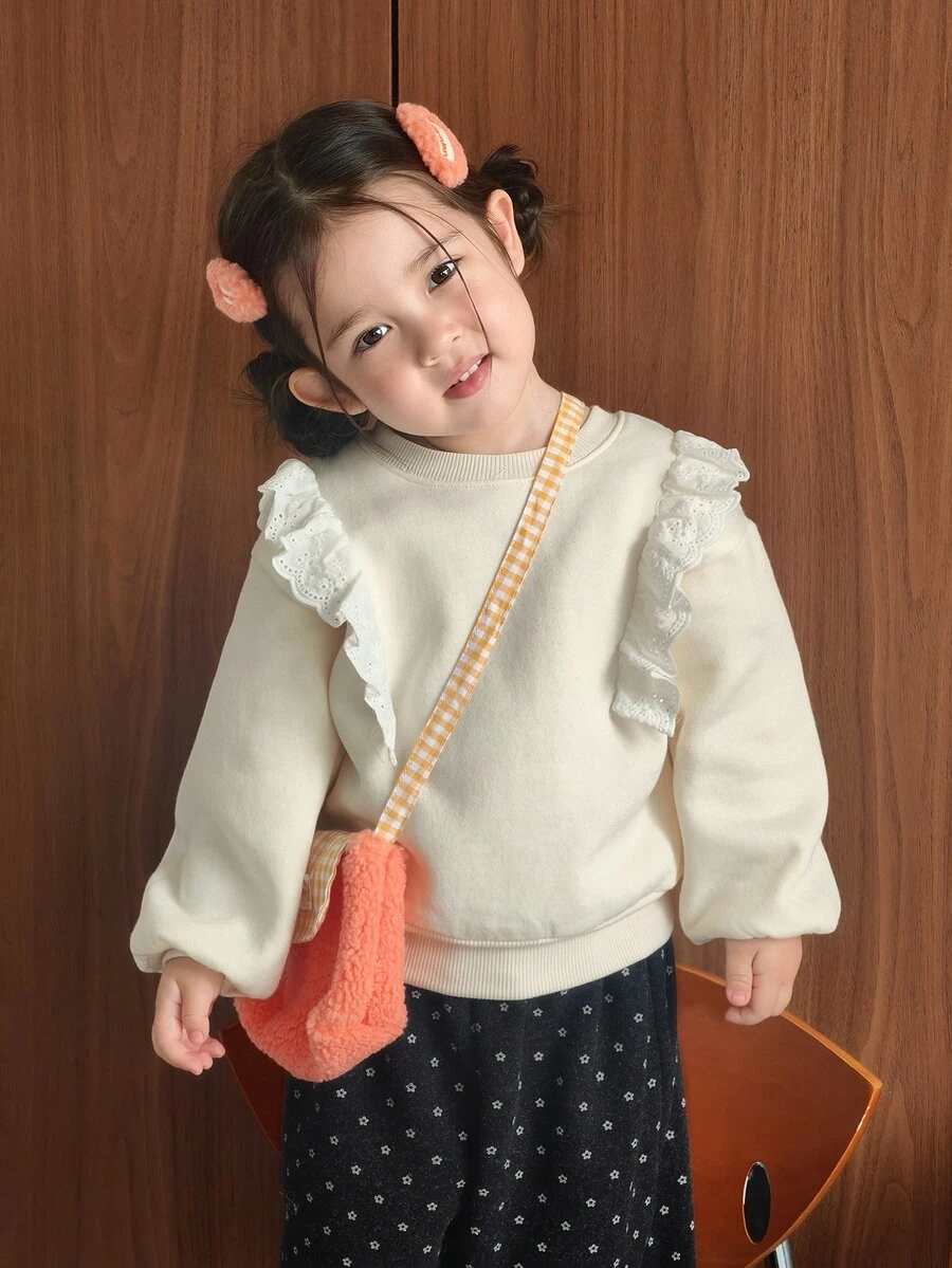 Dazy Kids بلوزة رياضية للبنات الرضع بياقة دائرية وحافة مكشكشة وأكمام طويلة للخريف/الشتاء - بيج - مشاهدة 1