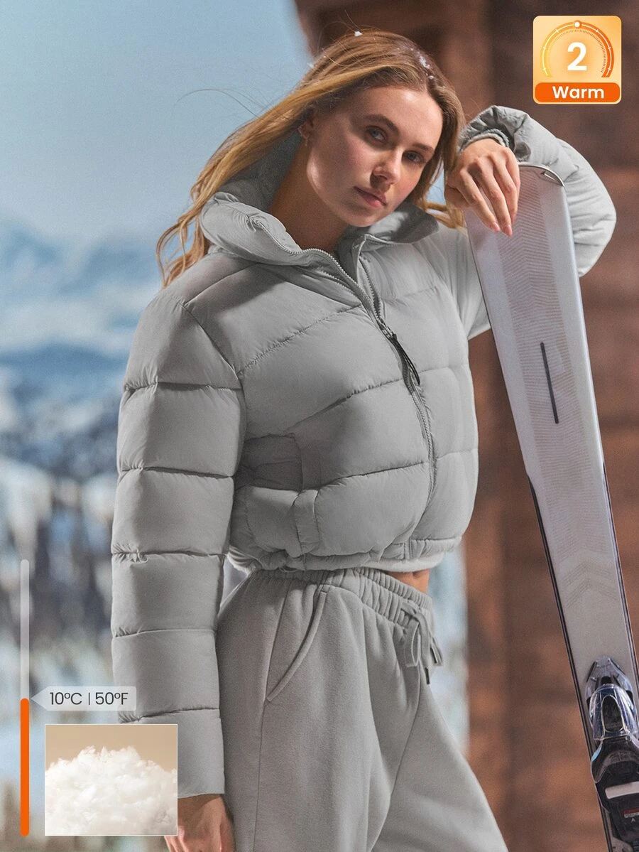 GLOWMODE Après-Ski 緞面羽絨外套,立領設計、可調式下擺與抓絨內裡口袋,秋冬滑雪雪地穿著 - 灰色 - 查看 1