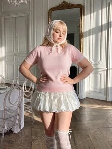 Lyrianda ملابس علوية نسائية مقاس كبير وردي فاتح بأكمام قصيرة من الصوف المحبوك، مزينة بحافة دانتيل أنيقة، بياقة طاقم بسيطة، ملابس يومية للتنقل من الصوف المحبوك الرقيق - وردي - مشاهدة 4