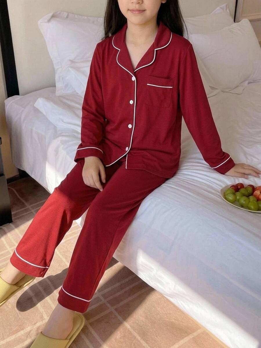SHEIN Tween Girls Tween Girl Red Knit Pajamas Loungewear 2-Piece Set, Party Holiday Versatile Daily Wear, Soft Comfortable Autumn/Winter New Style - Red - View 1