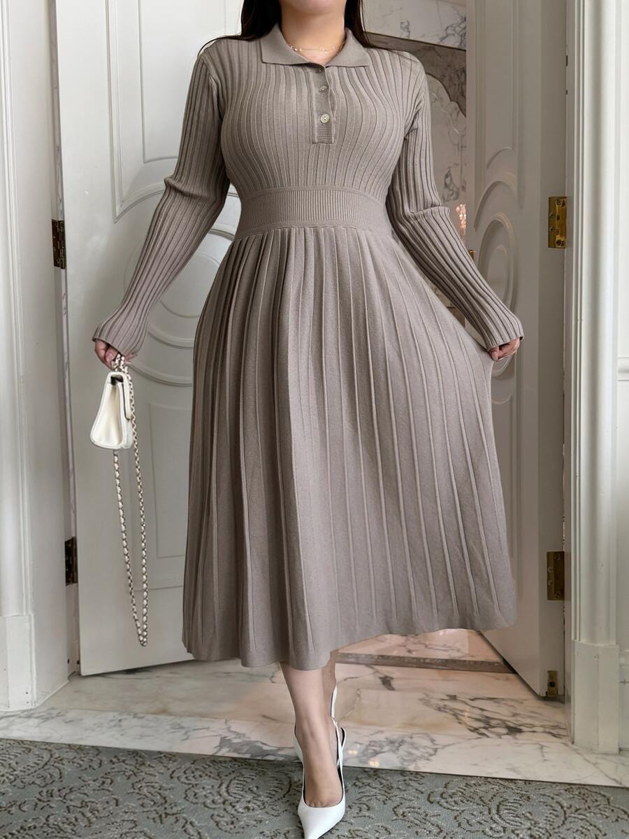 Dazy Plus Solid Color Fitted Elegant Mid-Length Fun Commuter Sweater Dress - Grey - View 1