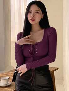 DAZY Women's Solid Color Tie Front Long Sleeve T-Shirt, For Casual Everyday Wear In Autumn,Fall Women Clothes - Red Violet - View 2