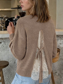 Serisse Women's Contrast Color Lace Long Sleeve Sweater - Camel - View 3