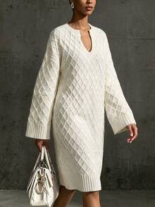Omancia Women's Solid Color Casual Daily Knit Dress - Beige - View 3
