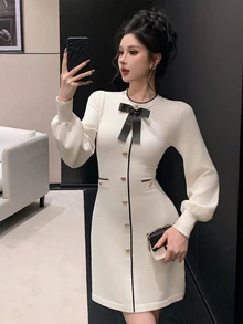 DAZY Women's Bow Decor Single-Breasted Long Sleeve Elegant Knit Dress - Beige - View 4