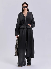 ROMWE Áo nỉ Y2K phong cách đường phố thể thao dáng rộng, sơn phun, mài rách, mặc thường ngày cho mùa xuân thu đông - Màu xám đen - Xem 3