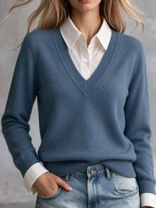 SHEIN Women's Button Faux Two-Piece Contrast Color Long Sleeve Sweater - Aqua Blue - View 4