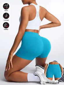 SHEIN Dewbera Damträningsshorts med hög midja, rumplyftande, sömlösa, tighta, hög stretch och kompression, 3/4 längd - Mörk Grön - Visa 2