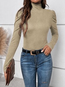 SHEIN Clasi 女款秋季簡約鈕扣裝飾泡泡袖高領長袖T恤 - 卡其色 - 查看 4