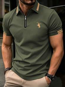 Calvornis 男士極簡條紋騎士印花半拉鍊短袖 Polo 衫，正式、儀式場合 - 軍綠色 - 查看 1