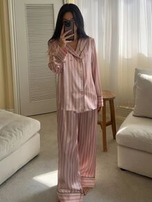 DAZY Women's Striped Double-Breasted Long Sleeve Top And Pants Pajama Set - Pink - View 5