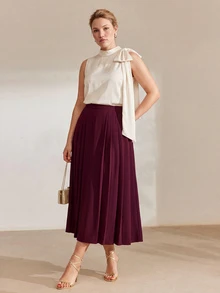 MOTF PREMIUM PLUS SIZE WOMEN'S PLEATED SKIRT, AUTUMN/WINTER - Burgundy - View 3