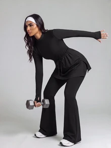 SHEIN With My Calm Kaos Olahraga Lengan Panjang Wanita Timur Tengah dengan Tali Serut - Hitam - View 5