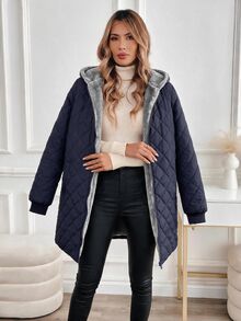 SHEIN Clasi 女款冬季保暖內裡連帽夾克 露營度假黑色休閒款 - 藏蓝色 - 查看 5