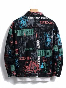 QuarKem Men's All-Over Print Casual Daily Denim Jacket - Black - View 2