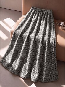 SHEIN Clasi تنورة أنيقة من التويد بقصة A-خط مقاس كبير مع أزرار زخرفية أمامية - متعدد الألوان - مشاهدة 2