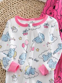 Autumn/Winter Knit Thin Round Neck Contrast Color Pink Cute Fun Elephant Colorful Balloon Little Rabbit Digital Print Popular Hot-Selling Pattern Long Sleeve Jumpsuit Zipper Design Slim Fit Comfortable Soft Fabric 2 Pieces Pajama Set Loungewear - Multicolor - View 7