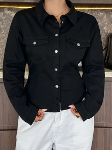 Dazy Plus Vintage Denim Fitted Short Long Sleeve Spring Autumn New Denim Top - Black - View 5