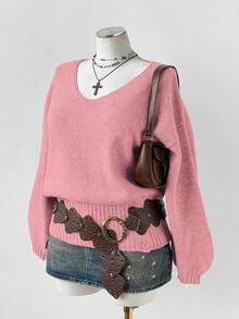 Sunspun Autumn/Winter Minimalist Solid Color V-Neck Side Button Waist Cinched Cropped Knit Pullover Sweater - Pink - View 6