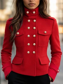 SHEIN Fall Winter Women's Double Breasted Gold Buttons MilitaryStyle Coat Stand Collar Slim Tailored Wool Blend Short Jacket For Evening Outfits - Red - View 4