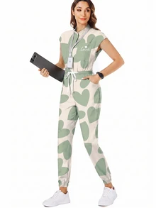 TaskEZ Green Heart Scrub Uniform Jumpsuit, Women's Nurse Scrub Uniform, Surgical Scrub, Staff Scrub Uniform, Matte Printed Jumpsuit With Shoulder Sleeves, 4 Pockets And Waist Drawstring - Multicolor - View 5