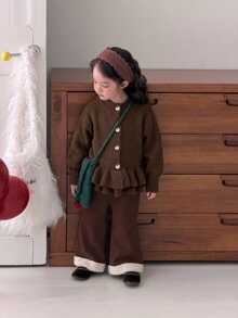 DAZY 嬰兒/幼兒（女童）荷葉邊飾休閒韓風純色秋冬長袖開襟衫 - 棕色 - 查看 6