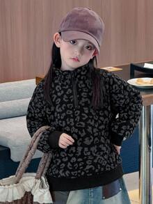 Dazy Kids 少女休閒寬鬆豹紋印花運動衫 - 黑色 - 查看 7