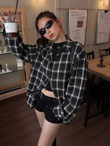 DAZY 女款格紋領韓式長袖春秋襯衫 - 黑色 - 查看 5