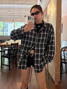 DAZY 女款格紋領韓式長袖春秋襯衫 - 黑色 - 查看 6