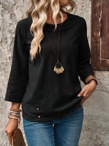 EMERY ROSE Áo sơ mi nữ tay dài vải linen màu trơn đơn giản phong cách thường ngày, áo kiểu tay dài - màu đen - Xem 6