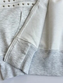 Dewbera Dewbera Women's American Punk Rivet Decor Hooded Sweatshirt, Short Zip-Up Sweatshirt With Dropped Shoulders, Casual Outerwear - White - View 7