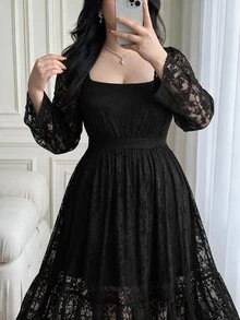 Vibekara Plus Size French Square Neck Lace Dress For Women, Ruffle Long Sleeve, Cinched Waist, Flared Midi Length, Elegant Slimming Long Dress - Black - View 7