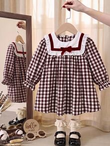 SHEIN Baby Girl Bow Decor Plaid Long Sleeve Cute Dress - Red - View 7