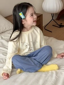 Dazy Kids 女童圓領長袖上衣與長褲休閒日常居家睡衣套裝 - 黃色 - 查看 1