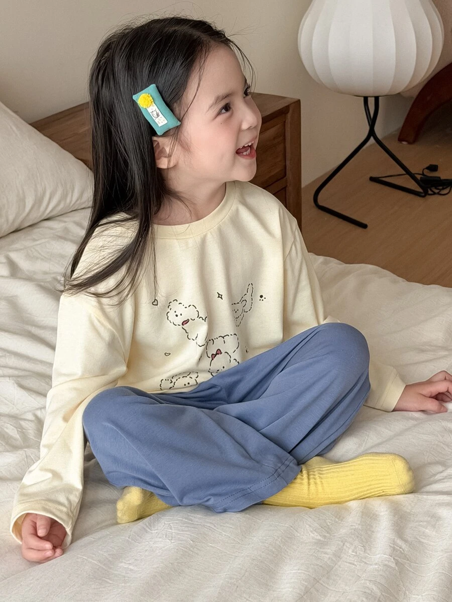 Dazy Kids 女童圓領長袖上衣與長褲休閒日常居家睡衣套裝 - 黃色 - 查看 1