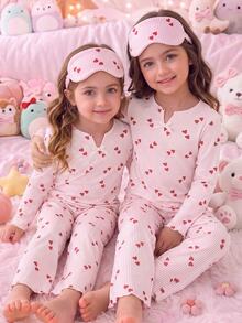 SHEIN Tween女孩櫻桃圖案V領長袖上衣與長褲睡衣套裝 Twee - 粉色 - 查看 17
