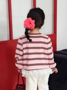 Dazy Kids Infant/Toddler (Girl) Round Neck Striped Korean Style Autumn/Winter Long Sleeve Top - Pink - View 2