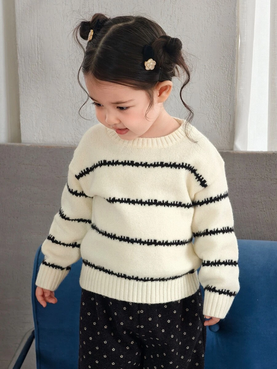 Dazy Kids Infant (Girl) Round Neck Striped Korean Style Long Sleeve Autumn/Winter Sweater - White - View 1
