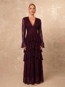 Lumalex Winter Fall Exquisite Luxury Lace Exaggerated Layered Trumpet Long Sleeve Fitted Dress Going Out Vacation Outfits Cruise Outfit For Women - Red Violet - View 9
