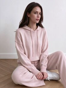 TaskSense 女款連帽毛衣與針織長褲套裝 - 粉色 - 查看 5