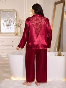 MuseNap CURVE Women's Plus Size Pajama Set Elegant Back Lace Patchwork Design Loungewear - Burgundy - View 4