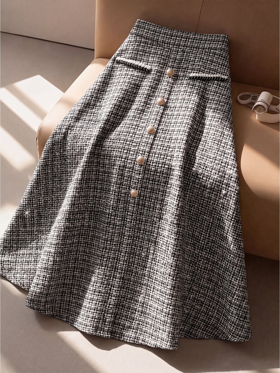 SHEIN Clasi Plus Size Elegant Tweed A-Line Skirt With Front Decorative Buttons - Multicolor - View 1